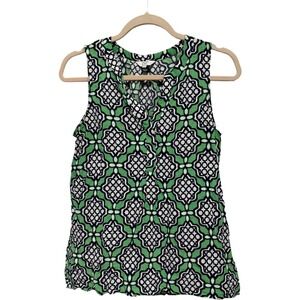 Crown & Ivy Women's Medium Green Navy Geometric Print Sleeveless Blouse Top